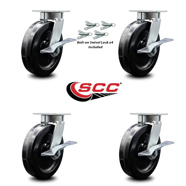 8 Inch Kingpinless Phenolic Wheel Swivel Caster Set with Brakes and Swivel Locks